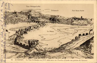 Avignon - O Ponte Saint-Bénézet no século XVI com suas 19 arcos (segundo uma gravura da época)