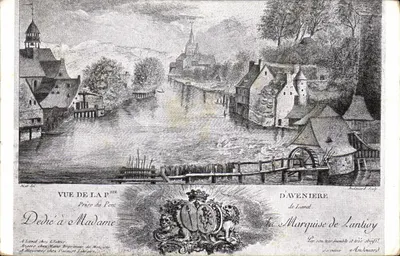 Vista da Ponte d'Avenière em Laval — dedicada à Senhora Marquesa de Lantivy — gravura de Andouard Soly