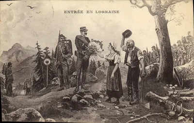 Entrada na Lorena — cena militar com soldado oferecendo flores — editor não visível