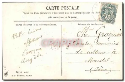 Duas pombas — unidas por uma corrente e sustentando flores violetas — Desejos de Festa — K. F. Editores, Paris, Série 1.627 — Verso