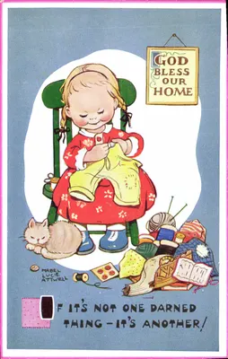 Menina reparando uma roupa — Mabel Lucie Attwell — Valentine's Postcards Ltd.