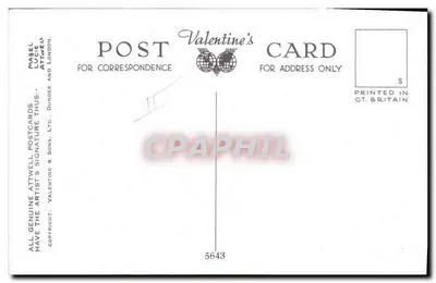 Menina reparando uma roupa — Mabel Lucie Attwell — Valentine's Postcards Ltd. — Verso