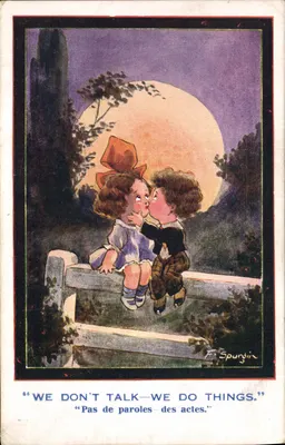 Crianças se beijando — sob a lua — F. Spurgin — Inter-Art Co. No. 418