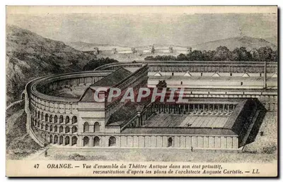 ओरेंज — प्राचीन थिएटर का समूह दृश्य उसके मूल अवस्था में — आर्किटेक्ट अगस्त केरिस्टी के डिज़ाइन के आधार पर पुनर्निर्माण — एलएल