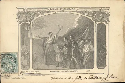 Lote Bilhete postal antigo Loteria Liga Francesa da Ensino Diploma Comemorativo Festa do 19 de junho de 1904