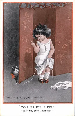 Menina pequena e gato — Fred K. Spurgin — Inter-Art Co. 'English Kids' Série No. 312