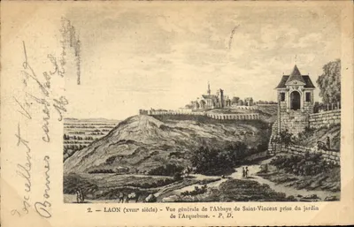 Laon (século xviii) — Vista geral da Abadia de Saint-Vincent vista do jardim da Arquebuse — P. D.