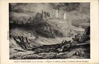 Saint-Nectaire — há cem anos — A Igreja, o Castelo feudal, o Priorado — Desenho de Isabey, Cliché G. Gany