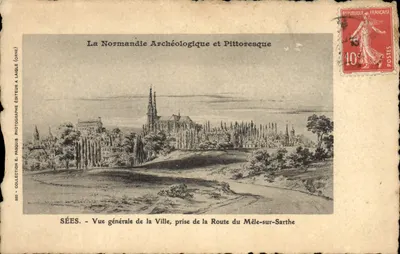 Sées - Vista geral da Cidade, tirada da Estrada do Mêle-sur-Sarthe — A Normandia Arqueológica e Pitoresca — Editor E. Pasquis, coleção 880