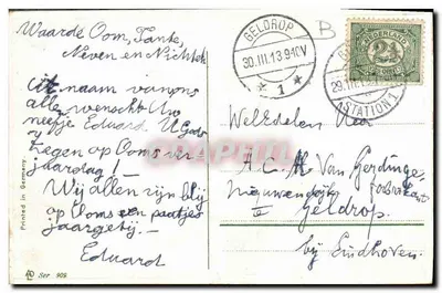 Flores rosas e estribos — Carta de felicitações — Impressa na Alemanha, série 908 — Verso