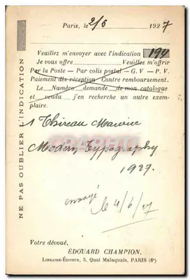 Karta pocztowa z zamówienia księgarnia — Édouard Champion, Paryż — nr serii 194 — Rewers