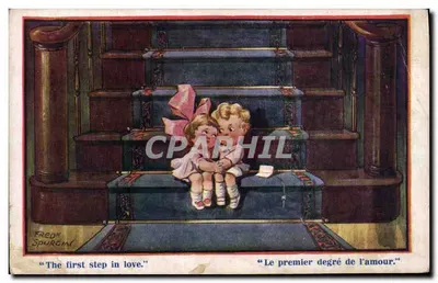 Bilhete postal antigo Fantasia Ilustrador Crianças Fred Spurgin O primeiro passo no amor