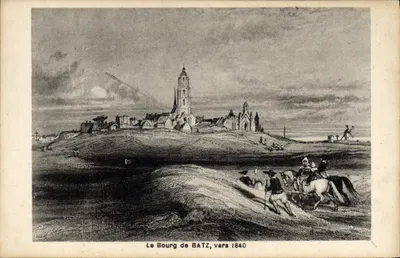 O Bourg de BATZ, cerca de 1840 — gravura histórica — F. Chapeau, Nantes