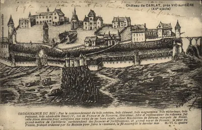 Castelo de Carlat, perto de Vic-sur-Cère (século XV) — gravura histórica com ordem de Henri IV — editor L. Fournier