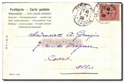 Trois oiseaux — scène de nature avec fleurs et trèfles — éditeur K.V.I.B. n° 600 — Verso