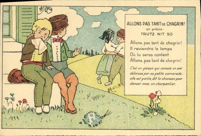 Dois meninos consolando um amigo — canção em patois — Edições de Alsácia-Lorena