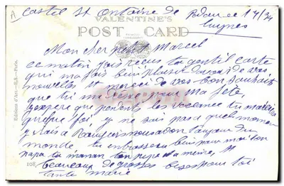 Dois crianças em seu quarto — ilustração de Mabel Lucie Attwell — editora Valentine's Post Card — Verso