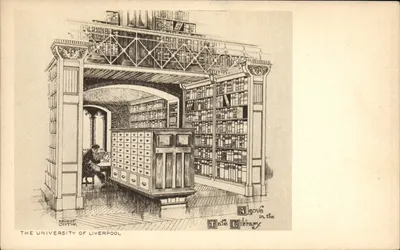 Vista da biblioteca da Universidade de Liverpool — desenho de Arnold Cottin — série 12