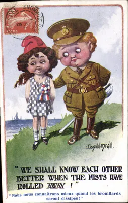 Criança em uniforme militar e menina pequena — Donald McGill — Inter-Art Co., Red Lion Square, Londres, W.C. — Série 'THIRTY-EIGHT'