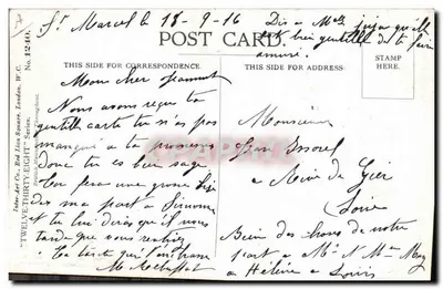 Criança em uniforme militar e menina pequena — Donald McGill — Inter-Art Co., Red Lion Square, Londres, W.C. — Série 'THIRTY-EIGHT' — Verso