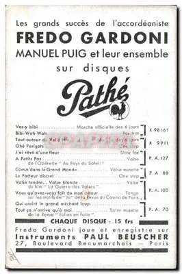 Fredo Gardonni — de populaire accordeonist — op schijven Pathé — Achterkant