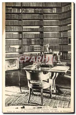 Biblioteca com múltiplos volumes — Mesa de trabalho de Chateaubriand e Retrato da Sra. de Récamier — Editor: Laurent-Nel, Bernet