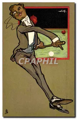 Homem em traje jogando bilhar — caricatura — J. V. A.