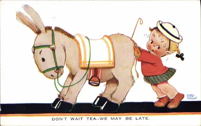 Criança empurrando um jumento — ilustração humorística — Mabel Lucie Attwell, série 'Valentine's' n°1099