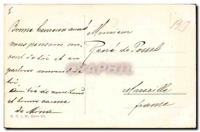 Dois crianças com um pequeno cachorro em um paisagem invernal — Gl"uckliches Neujahr — H. II. i. W. Série 920 — Verso
