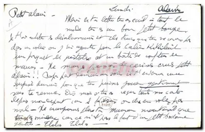 Criança e gato cinza perto de um barril de asfalto — texto bilingue inglês/francês — editor 'PAPHIL' n°64 — Verso