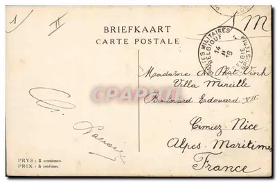 La Belgique — caricature d'un soldat allemand et d'une femme en deuil — éditeur B.S.D. n° 55 C T — Verso