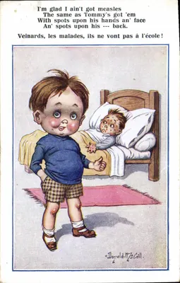 Criança feliz diante de um colega doente — Donald McGill — Inter-Art Co. Série COMIQUE, No. 3793