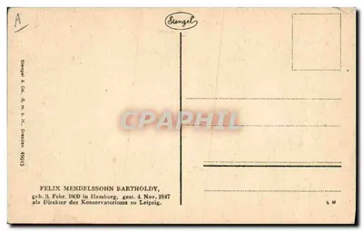 Félix Mendelssohn Bartholdy — retrato gravado — Stengel & Co., Dresden, n° 49015 — Verso