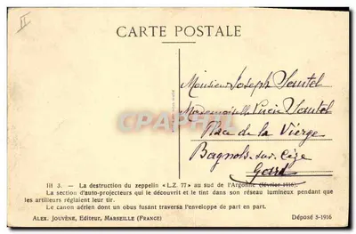 Seção de projetores de automóveis — destruição do Zeppelin « L.Z. 77 » — sul da Argonne (fevereiro de 1916) — Alex. Jouvene, editor, Marselha (França) — Verso