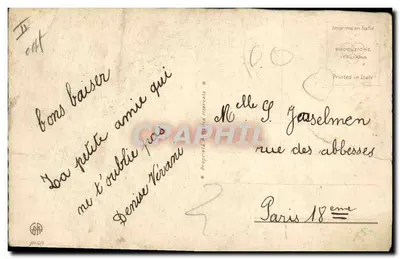 Mère tenant deux bébés sous la pluie — illustration signée 'Ceylambbe' — éditeur 'Imprime en Italie' sur le verso — Verso