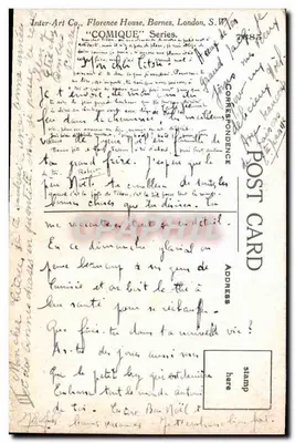 Dziecko przed kominkiem — Wesołych Świąt — Inter-Art Co., Florence House, Barnes, London, S.W. — seria 'COMIQUE' n° 7682 — Rewers