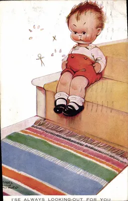 Bebê em um banco — ilustração de Mabel Attwell — Valentine's Postcard