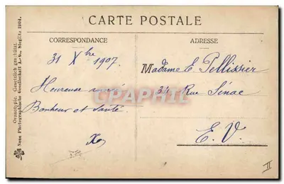 Mulher em vestido amarelo e dois porcos em uma balança — Boa Ano — editor Neue Photographische Gesellschaft 1907 — Verso