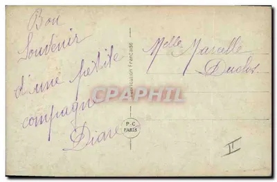 Dziewczynka w lilowym stroju na wozie — Szczęśliwego Dnia — P.C. PARIS 74-1 — Rewers