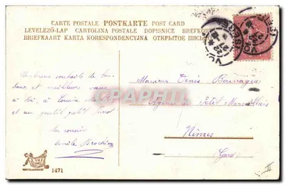 Anno felice — motivi di sempreverde, trifoglio, maiale e orologio a sabbia — editore non identificato, n° di serie 1471 — Verso