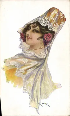 Mulher com manton e rosa — R. Mir — Edição Victorina, N. Coll Saliès, Barcelona