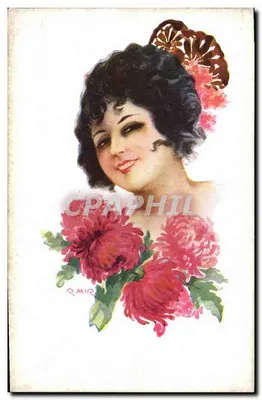 Jovem mulher com flores — ilustração de R. Mir — Edições Victoria N. Coll Solieti, Barcelona