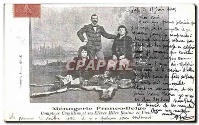 Ménagerie Franco-Belge — Dompteur Camillius et ses Élèves Mlle Rosina et Victoria — éditeur G. GÉLE, Rouen