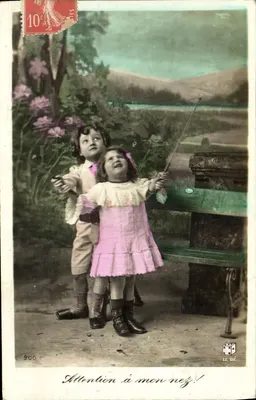 Two children playing at fishing — 'Watch out for my nose!' — LE DÉ, no. 900