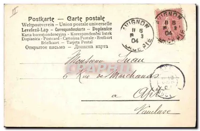 Noiva diante de Saint-Basile em Moscou — carta postal multilíngue editada pelo 'Weltpostverein' — n° 104 — Verso