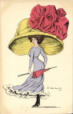 Kobieta w czerwonym kapeluszu z dużą czerwoną różą — É. Mouton, 1909