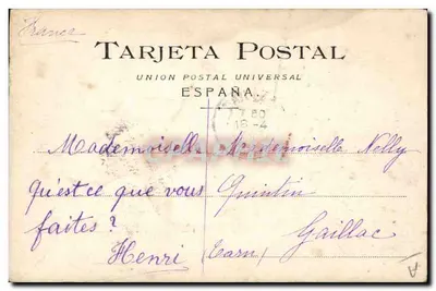 Komiczny żongler i czarny kot — rysunek humorystyczny — Union Postal Universal, Hiszpania — Rewers