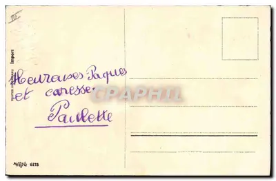 Dwa króliki i jedno pisklę przy stole — Wesołych Wielkanoc — wydawca anonimowy, nr 6175 — Rewers
