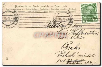 Paisagem de primavera com coelho — cartão de felicitações de Páscoa — Mínce Odehanilová-Nováková — Verso