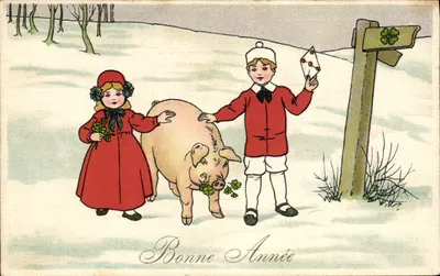 Enfants avec cochon — Bonne Année — Imprimée en Allemagne